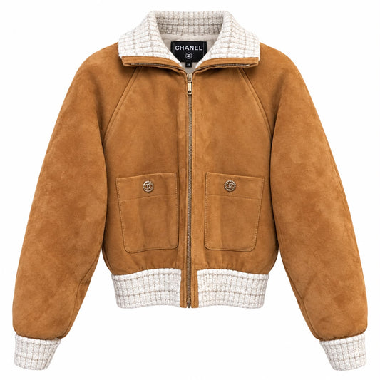 CHANEL - JACKET BOMBER CAMEL SUEDE & ECRU SHEARLING WITH CC BUTTONS SIZE 34 FR