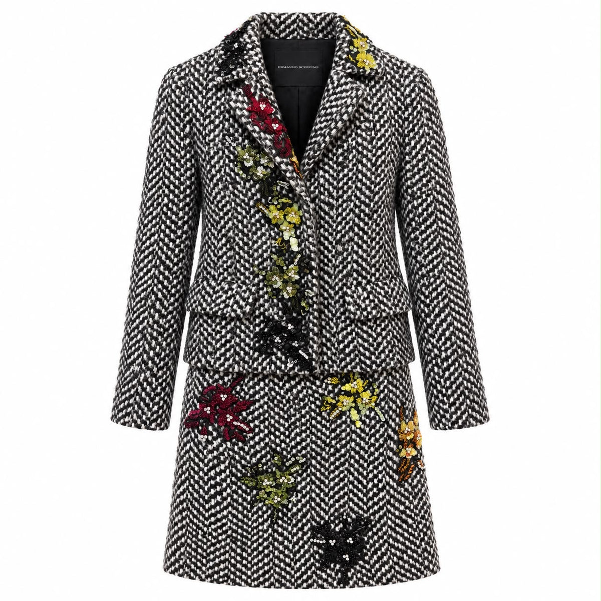 ERMANNO SCERVINO - SET JACKET & MINI SKIRT TWEED BLACK & WHITE WITH MULTICOLOR FLORAL EMBELLISHMENT SIZE 40/38 IT