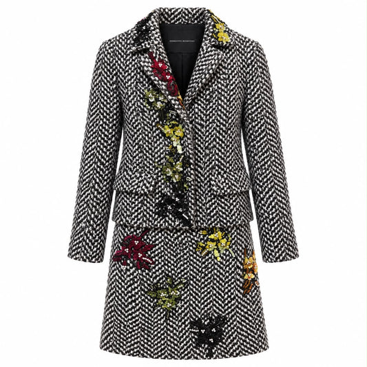 ERMANNO SCERVINO - SET JACKET & MINI SKIRT TWEED BLACK & WHITE WITH MULTICOLOR FLORAL EMBELLISHMENT SIZE 40/38 IT