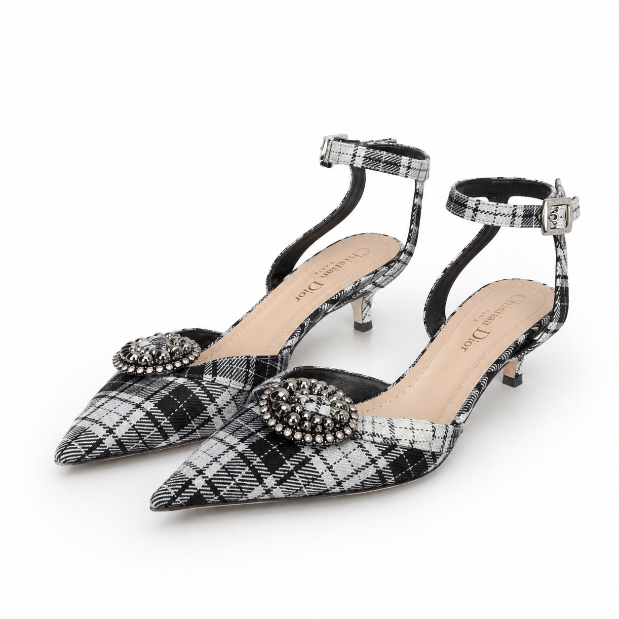 DIOR - PUMPS SLINGBACK TARTAN FABRIC BLACK & WHITE SIZE 36 EU