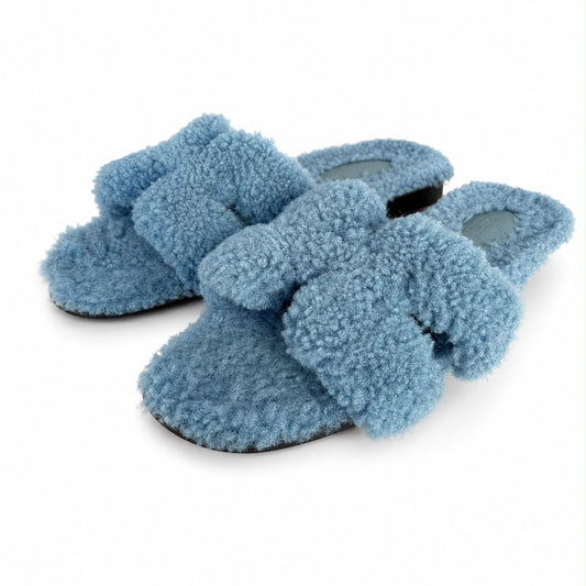 HERMÈS - SANDALS FLAT ORAN BLUE TEDDY SIZE 38,5 EU
