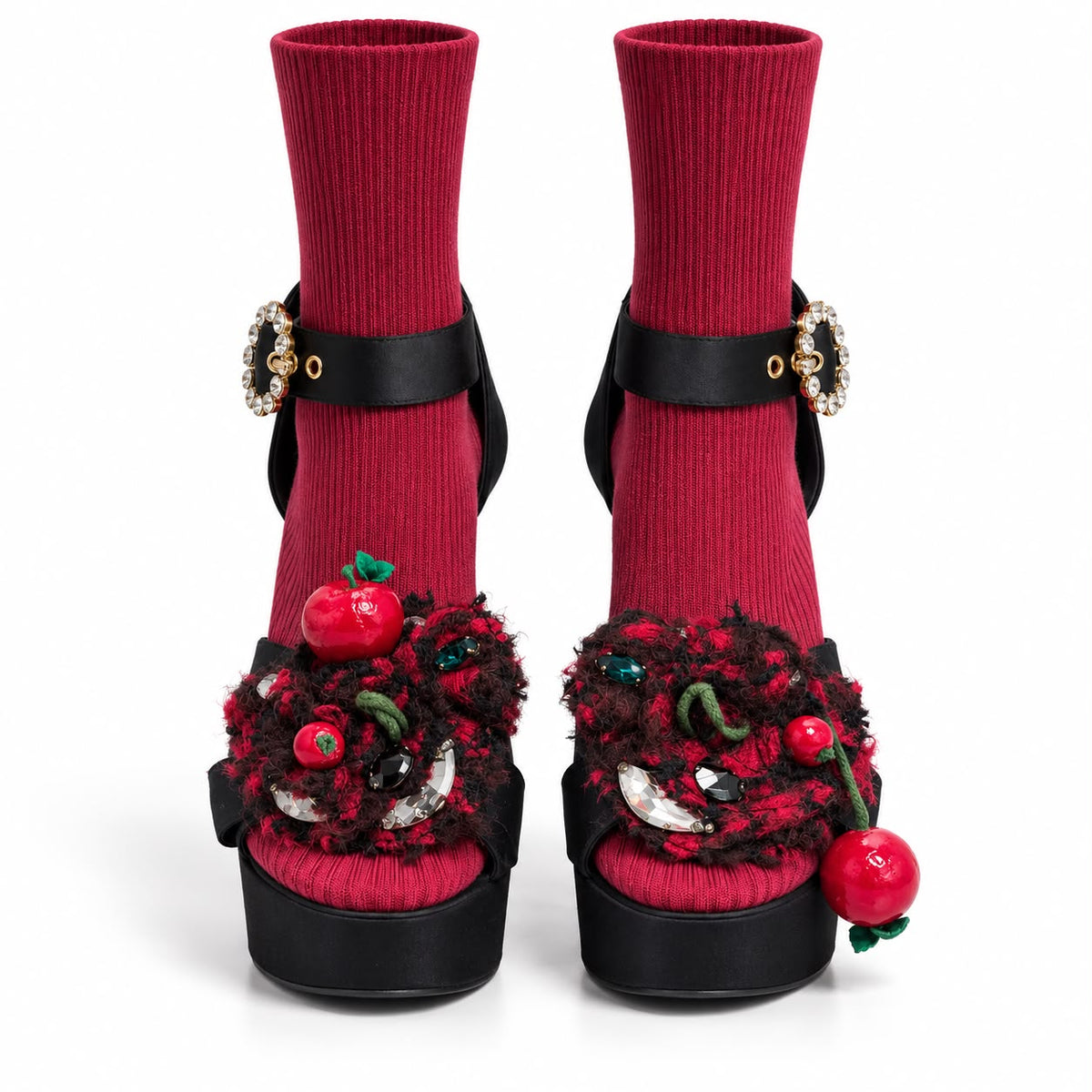 DOLCE & GABBANA – BLACK PLATFORM SANDALS WITH CHERRY EMBELLISHMENTS & RED SOCKS SIZE 37 EU
