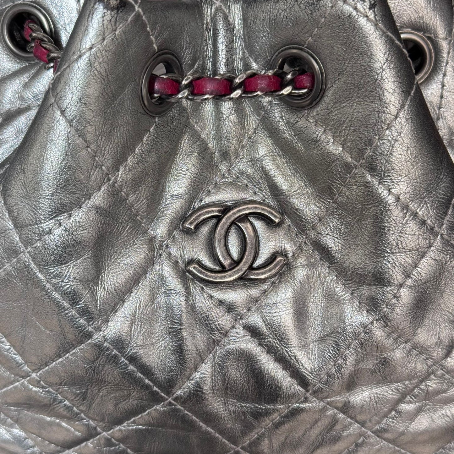 CHANEL - BACKPACK BAG GABRIELLE SILVER WITH NAVY LEATHER BASE
