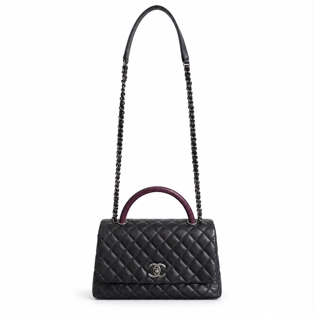CHANEL - BAG COCO HANDLE BLACK QUILTED CAVIAR LEATHER WITH BURGUNDY EXOTIC LEATHER HANDLE