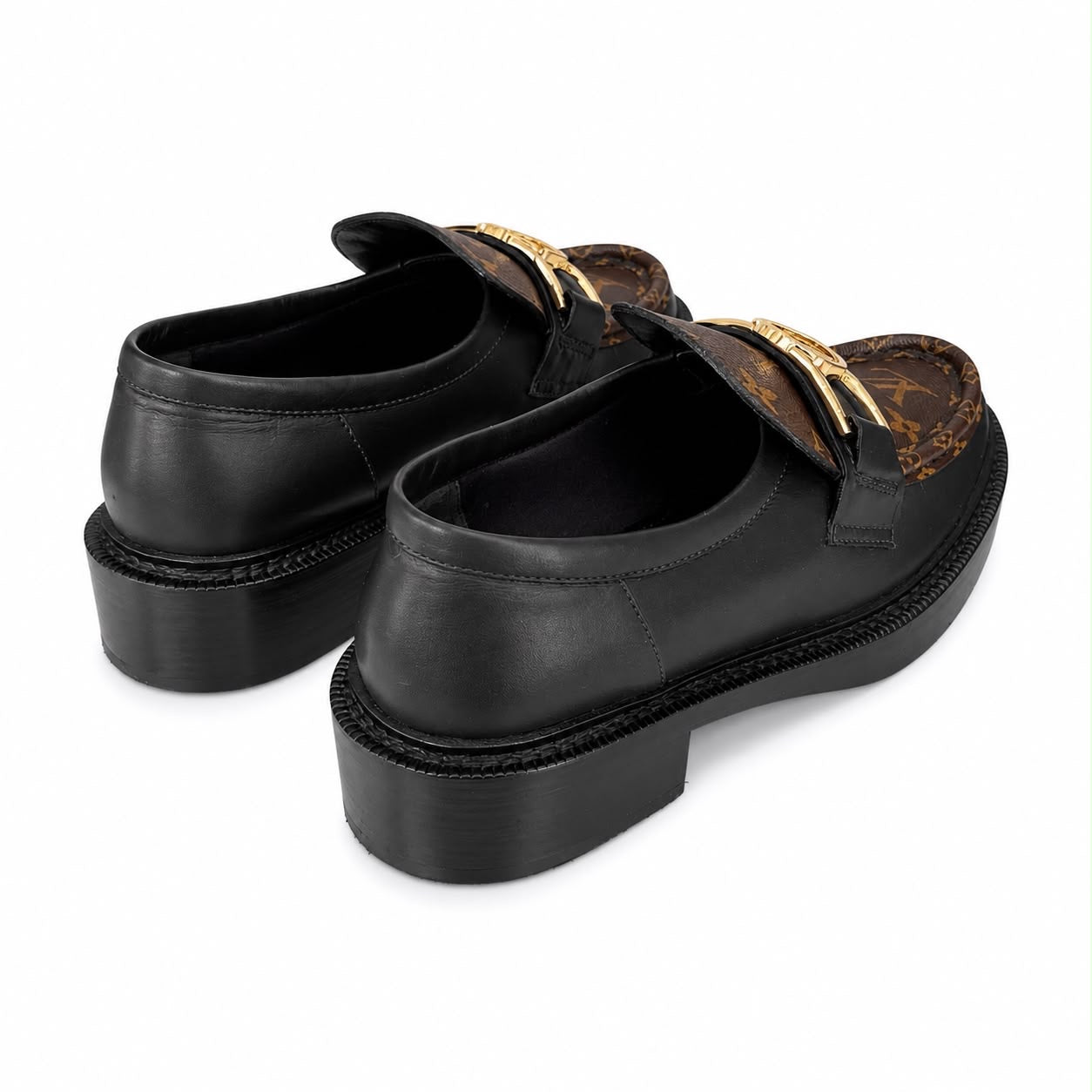 LOUIS VUITTON - LOAFER ACADEMY BLACK LEATHER & MONOGRAM CANVAS WITH GOLD-TONE LV BUCKLE SIZE 38 EU