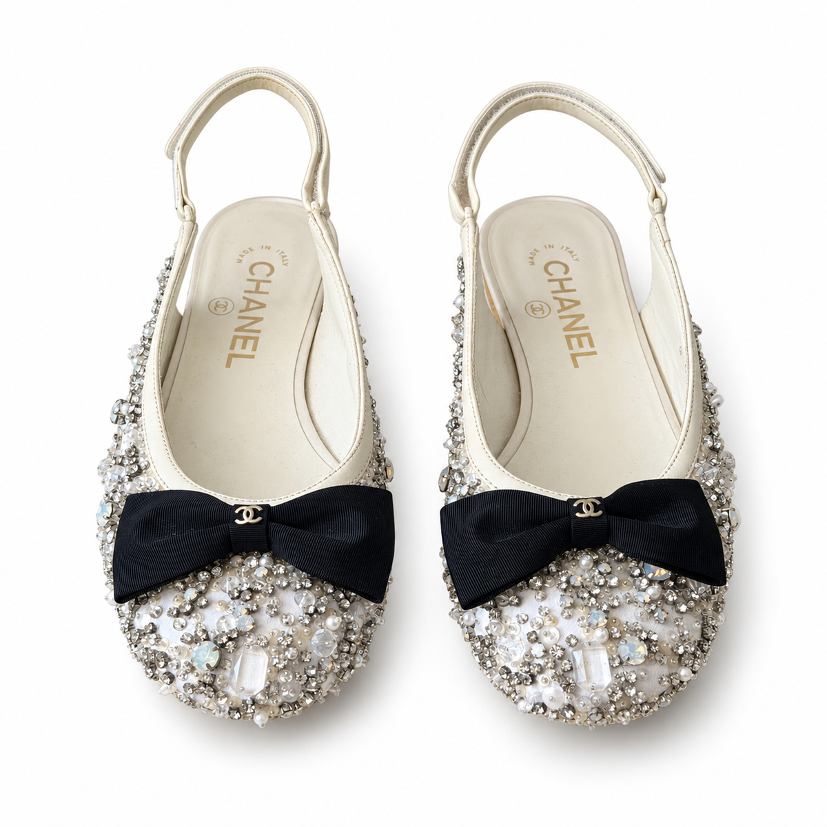 CHANEL - SLINGBACK SHOES IVORY SATIN CRYSTAL & PEARL-EMBELLISHED WITH BOW SIZE 37 EU