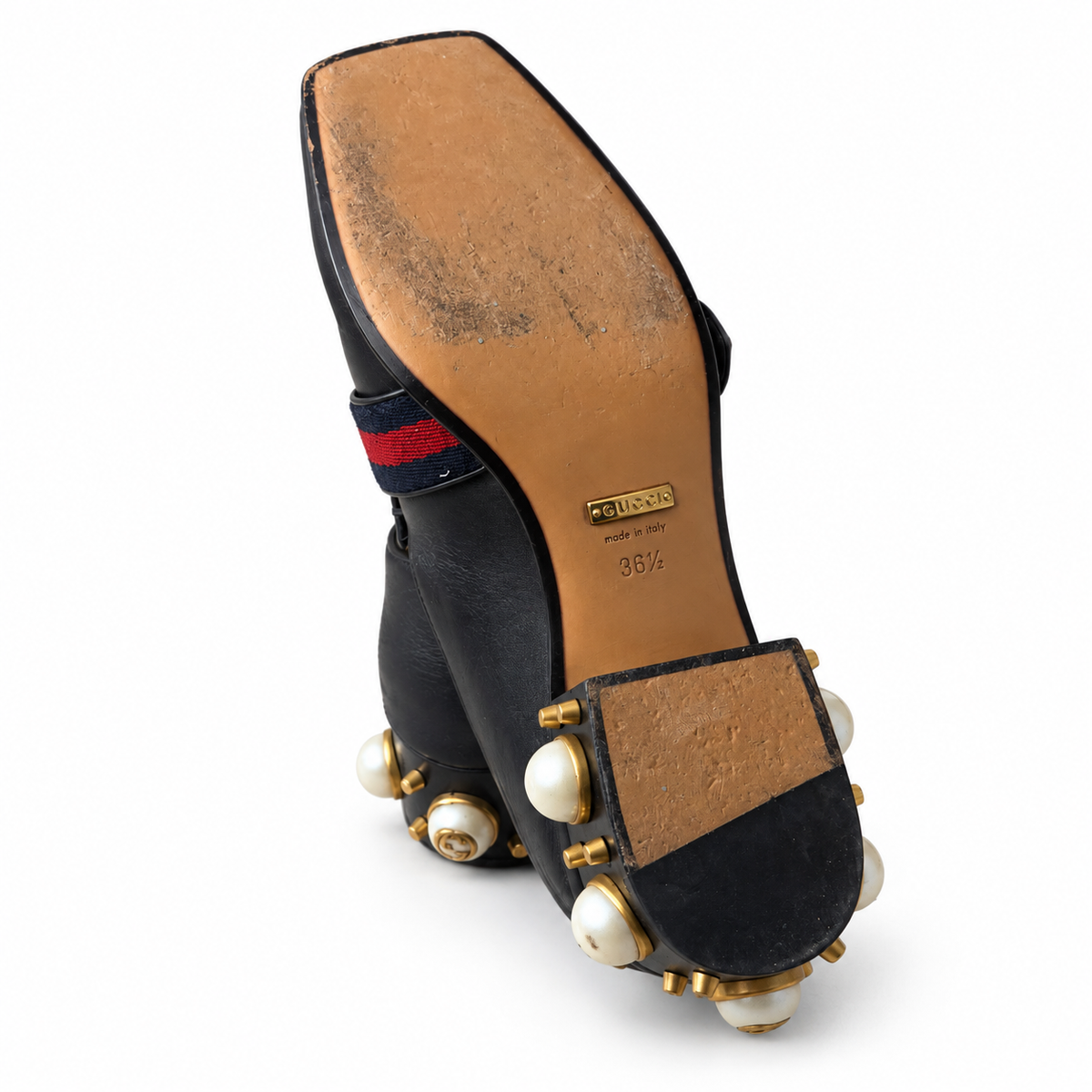 GUCCI - LOAFERS PEYTON BLACK LEATHER WITH DOUBLE G & PEARL-EMBELLISHED HEELS SIZE 36,5 EU