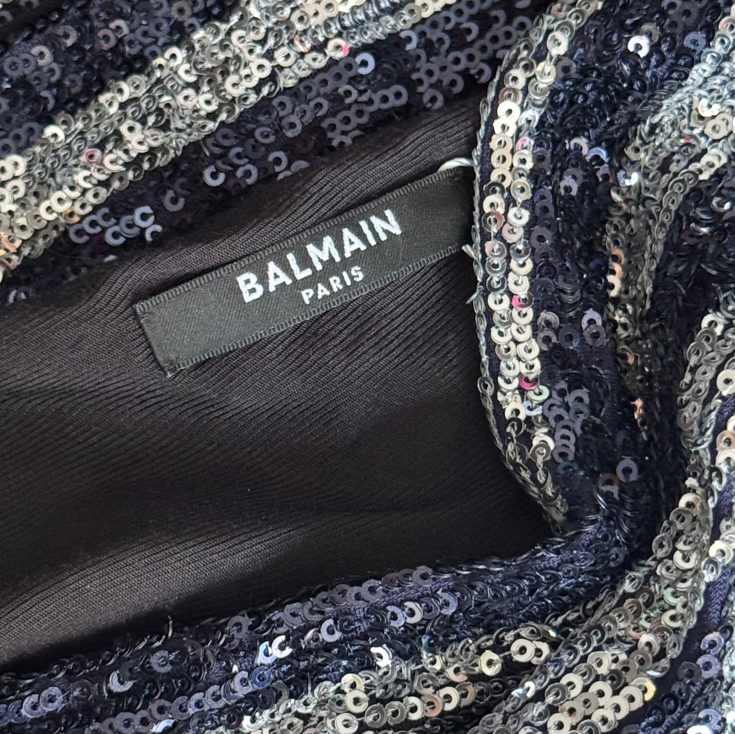 BALMAIN - DRESS MINI SEQUIN STRIPED SILVER & NAVY SIZE 44 FR