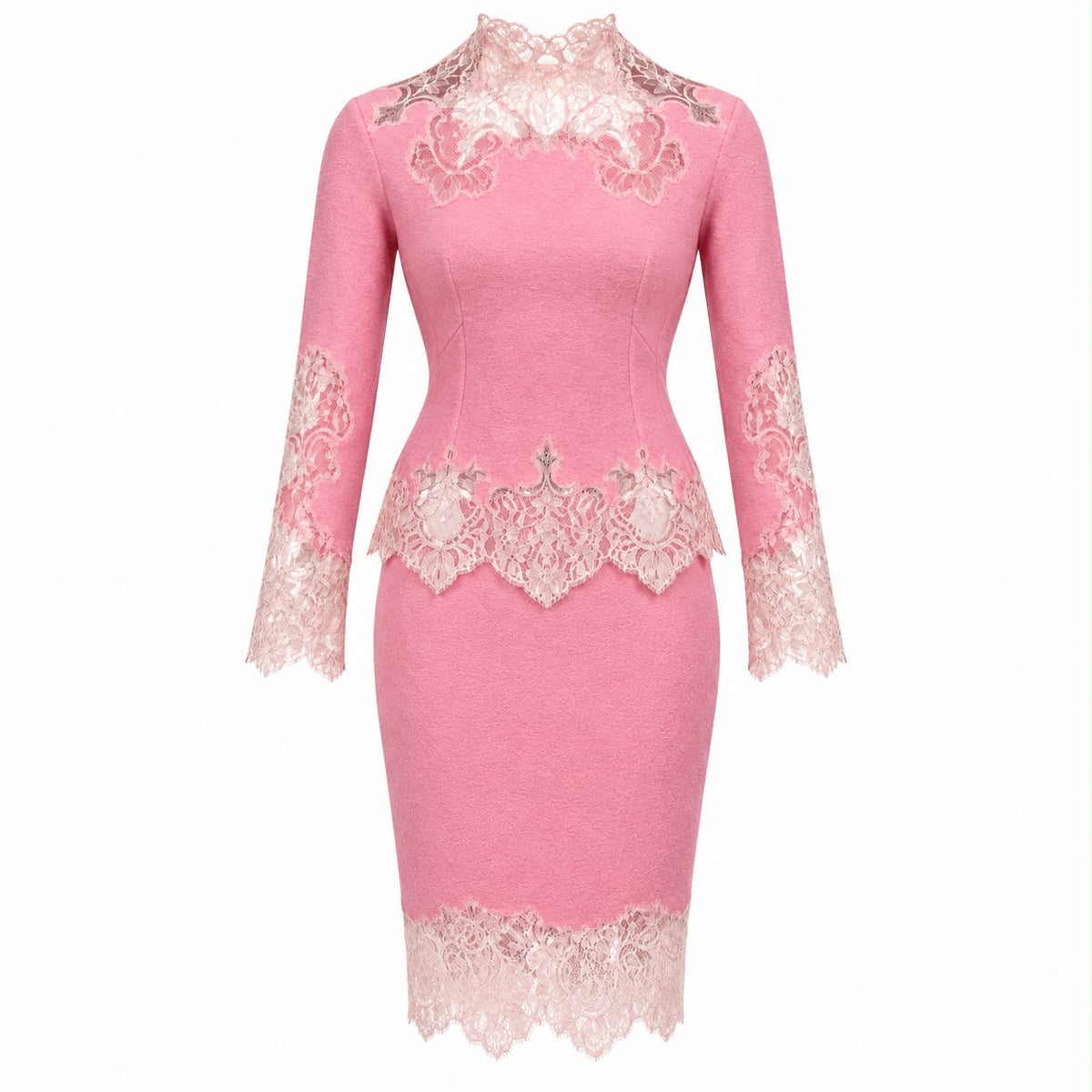 ERMANNO SCERVINO – SKIRT AND SWEATER SET IN PINK WOOL, SILK AND CASHMERE WITH LACE SIZE 38 IT