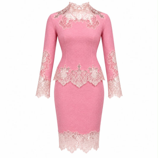 ERMANNO SCERVINO – SKIRT AND SWEATER SET IN PINK WOOL, SILK AND CASHMERE WITH LACE SIZE 38 IT