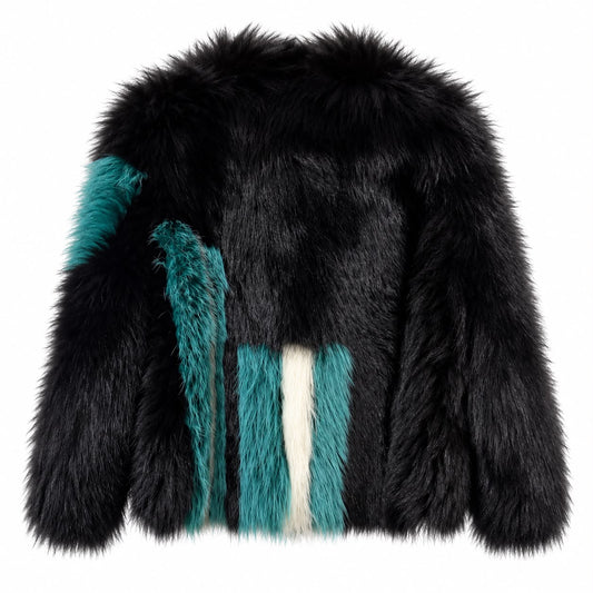 FENDI - JACKET FUR BLACK MULTICOLOR BLACK TURQUOISE & IVORY SIZE 40 IT