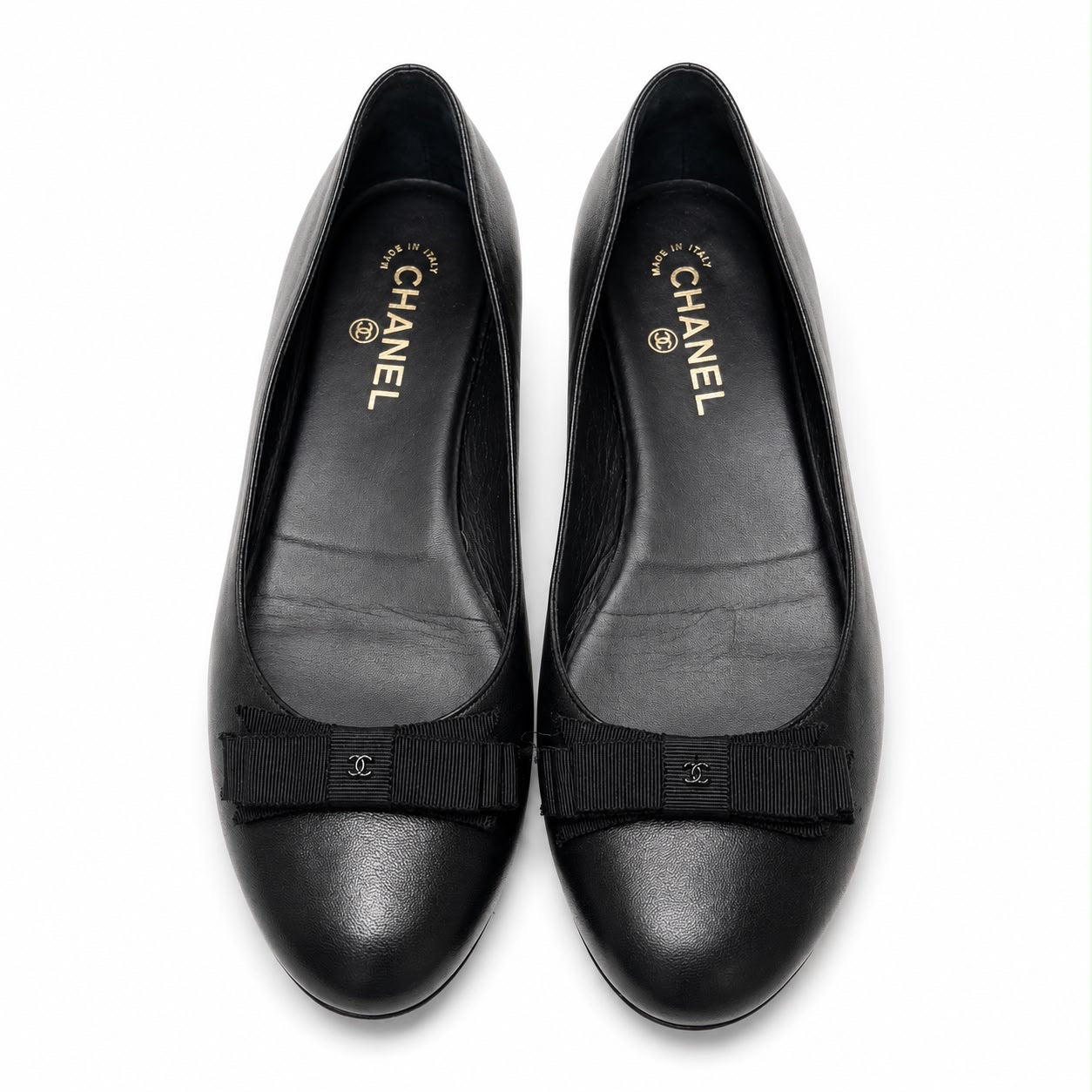 CHANEL - BALLET FLATS BLACK LEATHER WITH BOW SIZE 40 EU