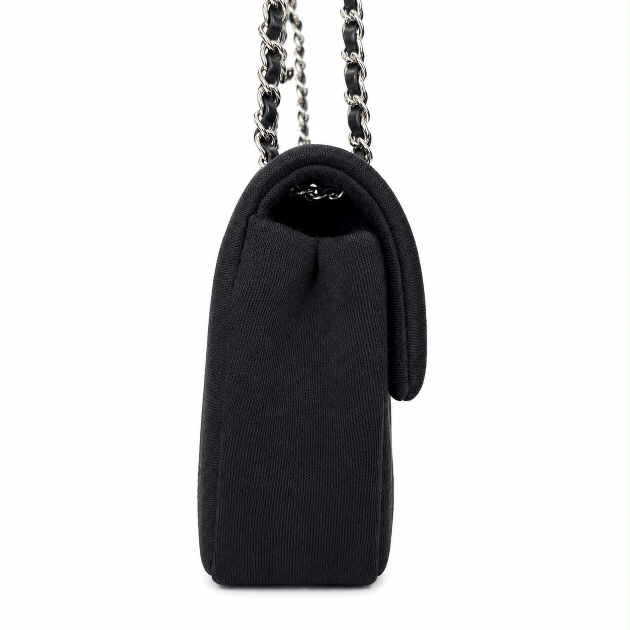 CHANEL - *NEVER USED* BAG MINI FLAP JERSEY VERTICAL QUILTED BLACK WITH SILVER HARDWARE