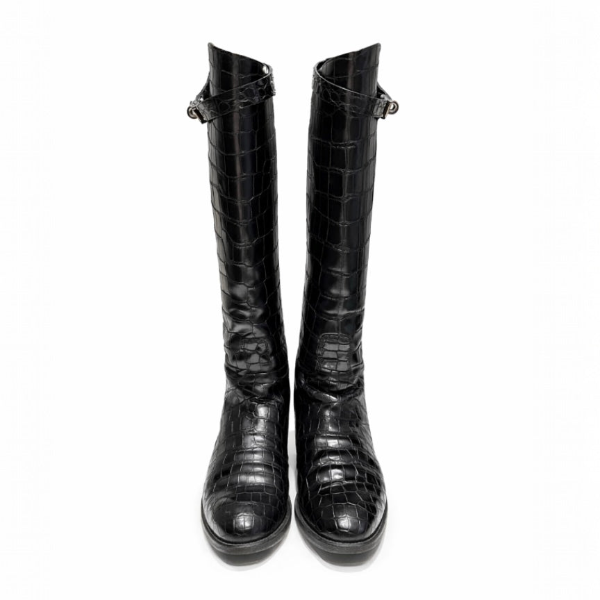 HERMÈS - JUMPING HIGH BOOTS BLACK CROCODILE SIZE 37 EU