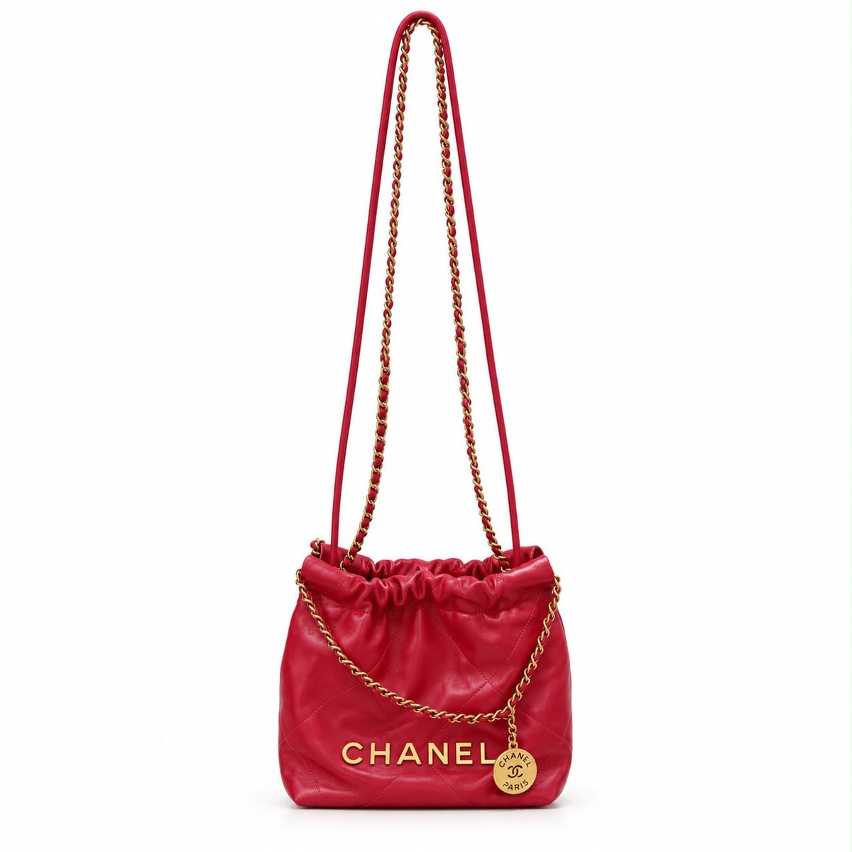 CHANEL - *NEW* BAG 22 MINI HOBO RED QUILTED CALFSKIN WITH GOLD TONE HARDWARE