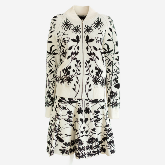 ALEXANDER MCQUEEN – SET BOMBER JACKET AND SKIRT IVORY AND BLACK FLORAL KNIT SIZE L
