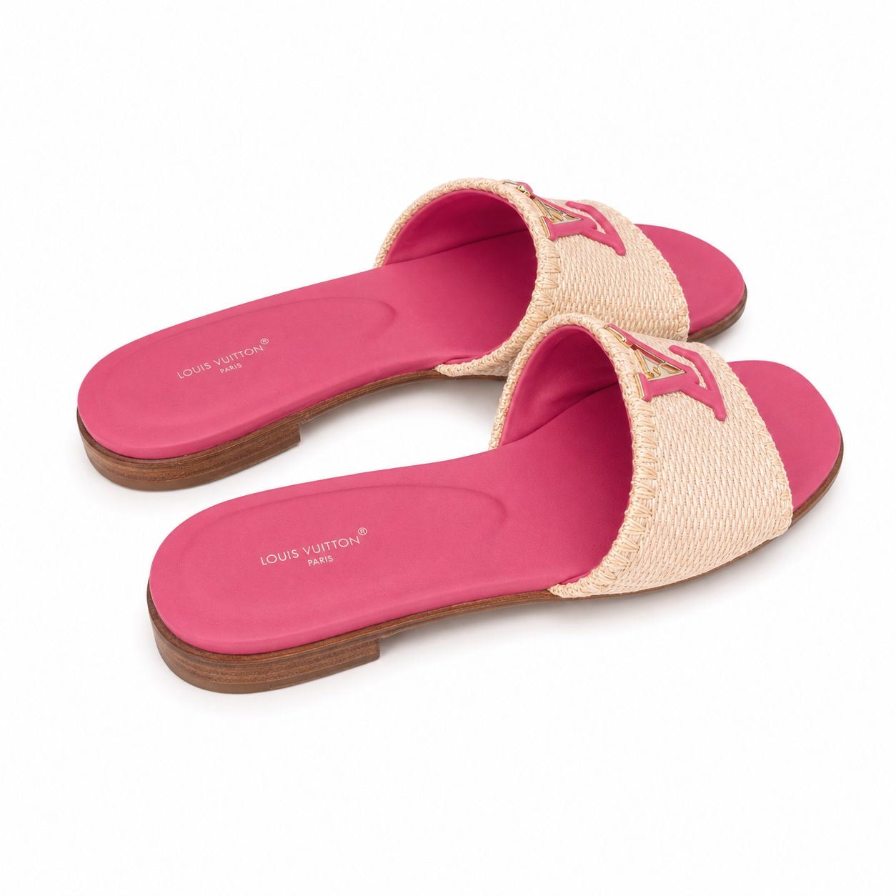 LOUIS VUITTON - *NEW* FLAT MULES IN NATURAL RAFFIA WITH FUCHSIA LEATHER SIZE 39 EU