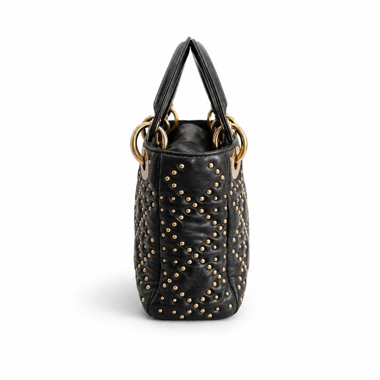 DIOR – LADY DIOR SMALL BLACK CANNAGE LEATHER BAG WITH GOLD STUDS AND SHOULDER STRAP