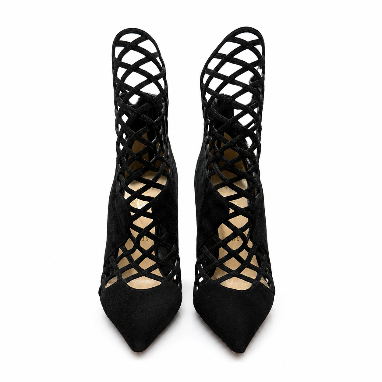 LOUBOUTIN - HIGH ANKLE BOOTS MRS BOUGLIONE BLACK SUEDE CAGE SIZE 36 EU