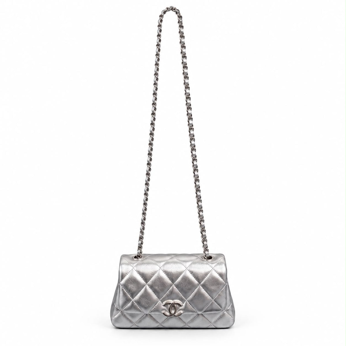 CHANEL - *NEW* BAG CLASSIC FLAP MINI SILVER LAMBSKIN SILVER HARDWARE