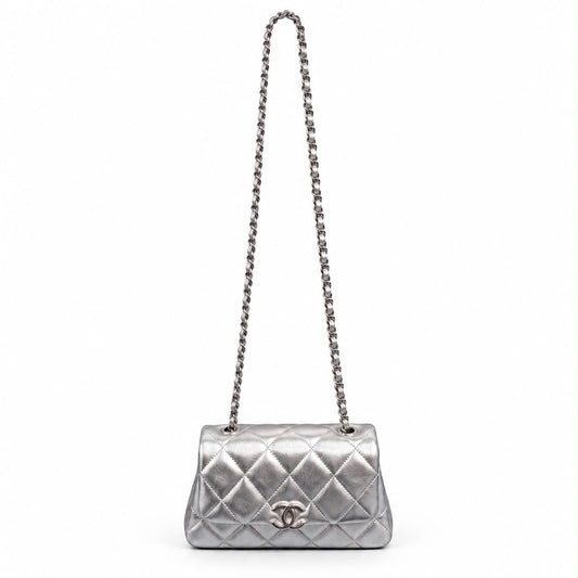 CHANEL - *NEW* BAG CLASSIC FLAP MINI SILVER LAMBSKIN SILVER HARDWARE