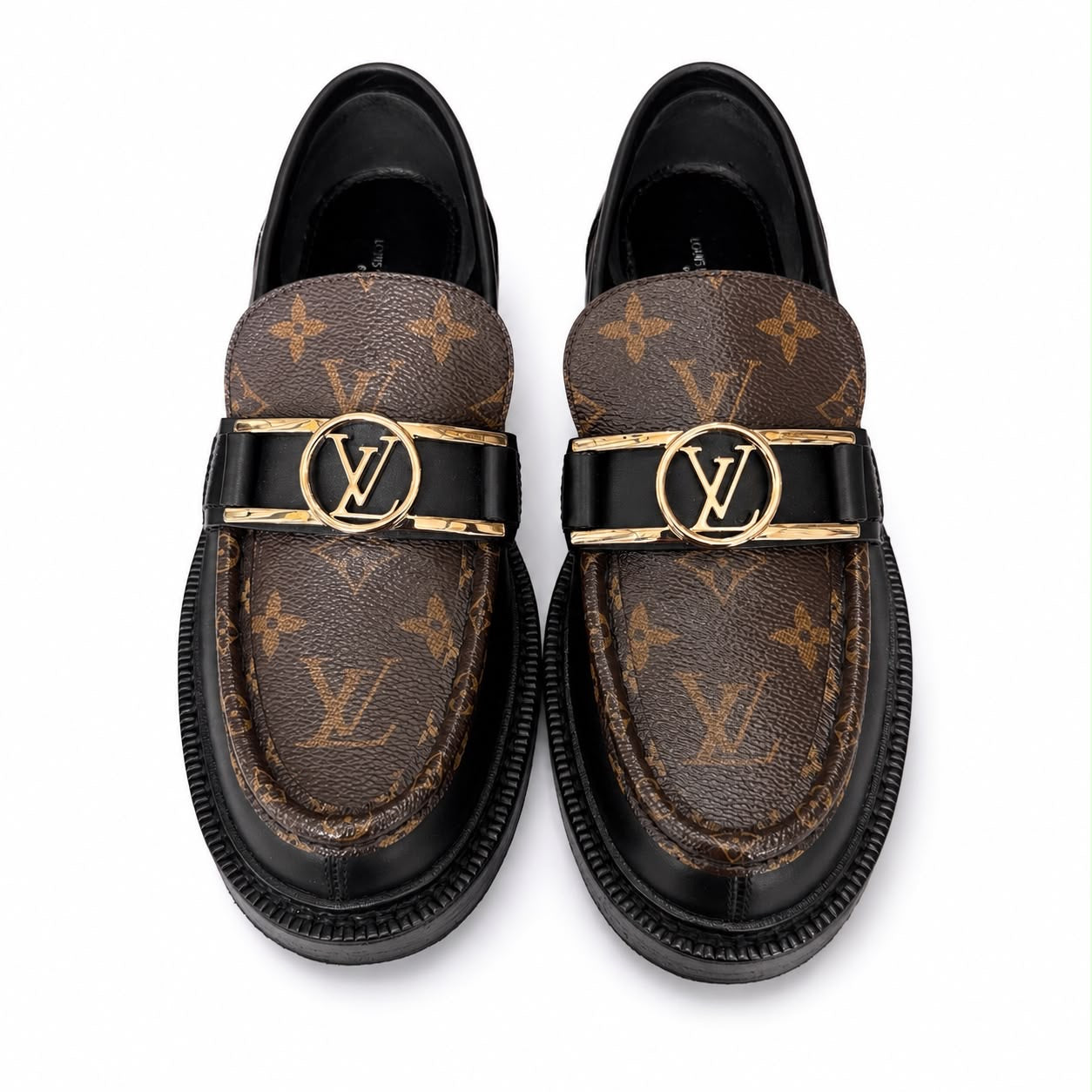 LOUIS VUITTON - LOAFER ACADEMY BLACK LEATHER & MONOGRAM CANVAS WITH GOLD-TONE LV BUCKLE SIZE 38 EU