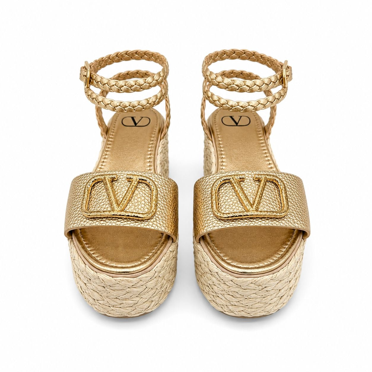 VALENTINO - WEDGE SANDALS VLOGO GOLD LEATHER AND RAFFIA SIZE 40 EU