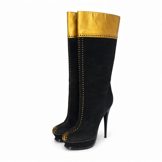 SAINT LAURENT - HIGH BOOTS BLACK SUEDE BLACK AND GOLD SOZE 40 EU