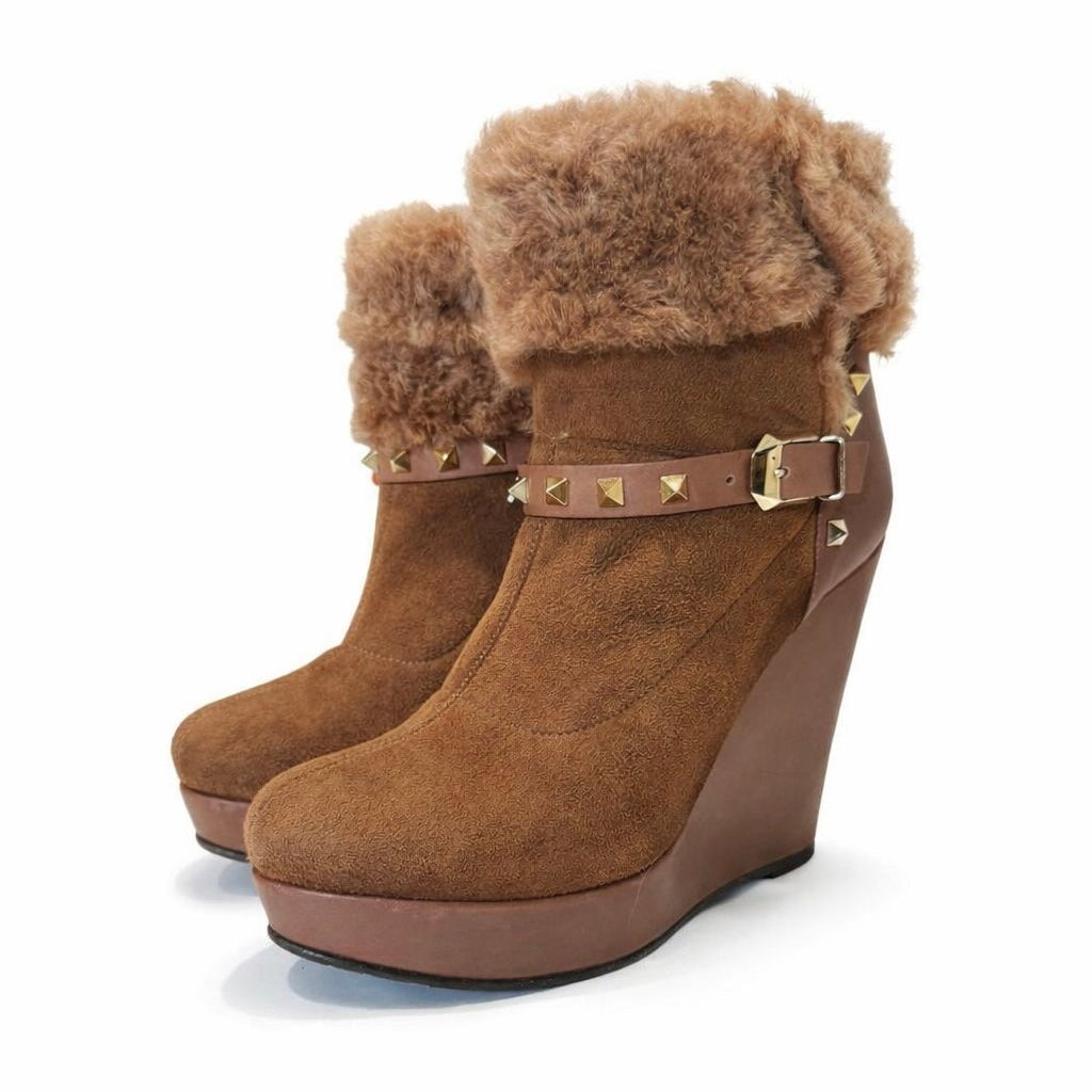 VALENTINO - BROWN WEDGE AKLE BOOTS LEATHER AND SUEDE SIZE 40