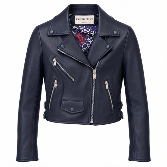 EMILIO PUCCI - JACKET BIKER BLUE LAMBSKIN SIZE 38 IT