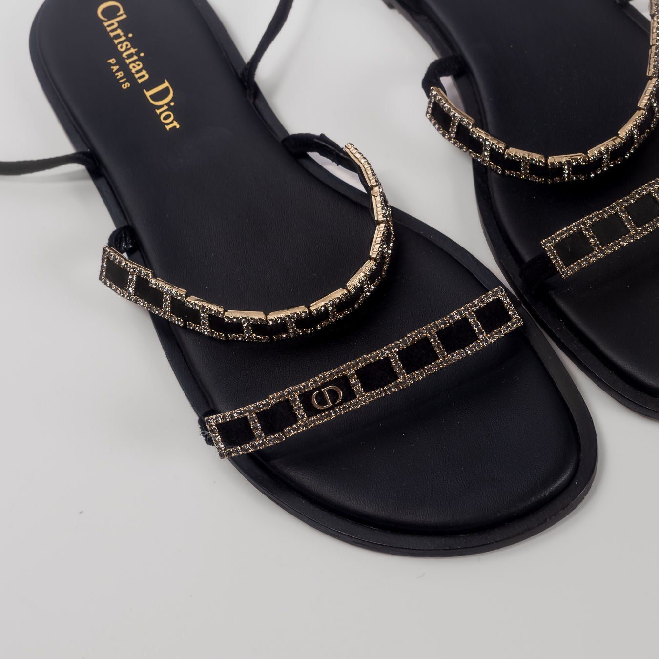 DIOR - SANDALS DIORISSIME BLACK SUÈDE WITH STRASS AND CHAIN DETAIL SIZE 38 EU