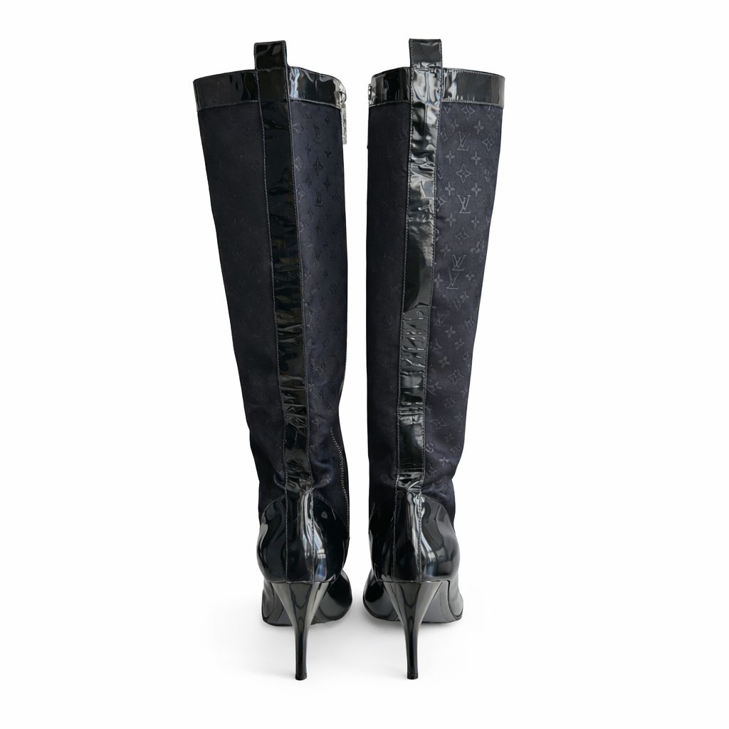 LOUIS VUITTON - HIGH BOOTS BLUE PATENT LEATHER & MONOGRAM CANVAS SIZE 39,5 EU