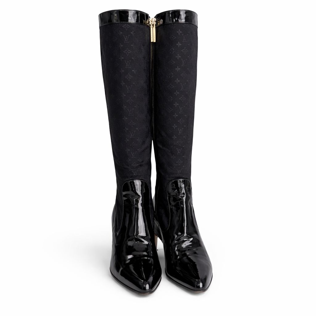 LOUIS VUITTON - HIGH BOOTS BLUE PATENT LEATHER & MONOGRAM CANVAS SIZE 39,5 EU