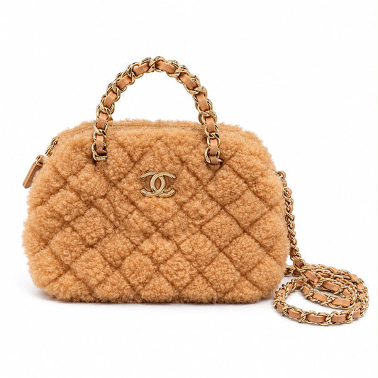 CHANEL - *NEVER WORN* BAG SMALL COCO CROSSBODY LIGHT BROWN SHEARLING WITH LIGHT GOLD TONE HARDWARE