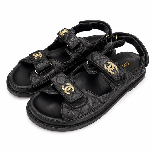 CHANEL - SANDALS DAD BLACK LEATHER GOLD HARDWARE SIZE 40 C
