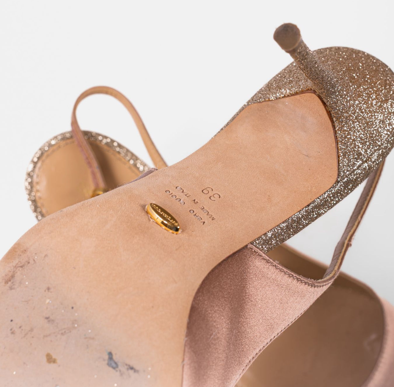 SERGIO ROSSI - HEELS SATIN PINK WITH GOLD TIP SIZE 39 EU