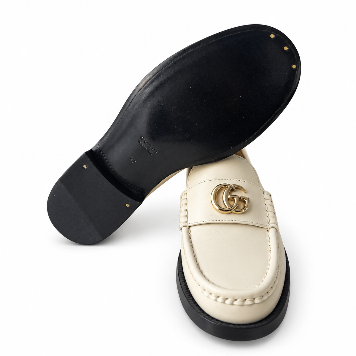 GUCCI - *NEW* LOAFERS MARMONT IVORY LEATHER WITH BLACK SOLES SIZE 37 EU