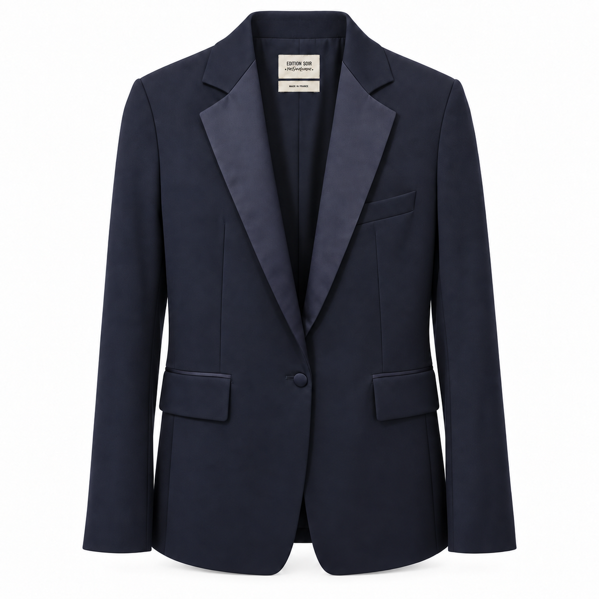 SAINT LAURENT - SUIT SMOKING JACKET AND TROUSERS BLUE WITH SATIN LAPELS SIZE 40 FR / 44 IT
