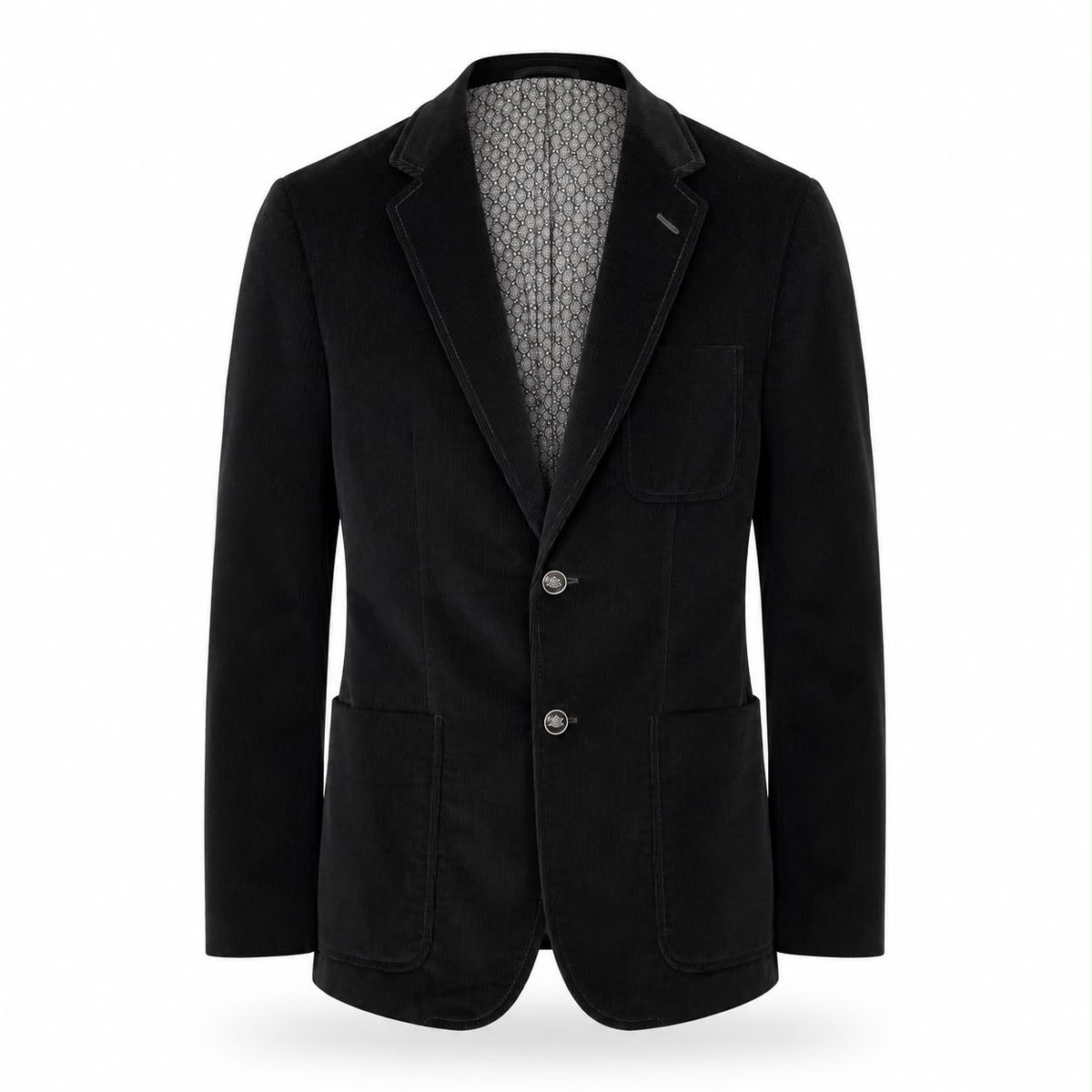 GUCCI – BLAZER BLACK CORDUROY TAILORED WITH CREST BUTTONS & PATTERNED LINING SIZE 48 IT