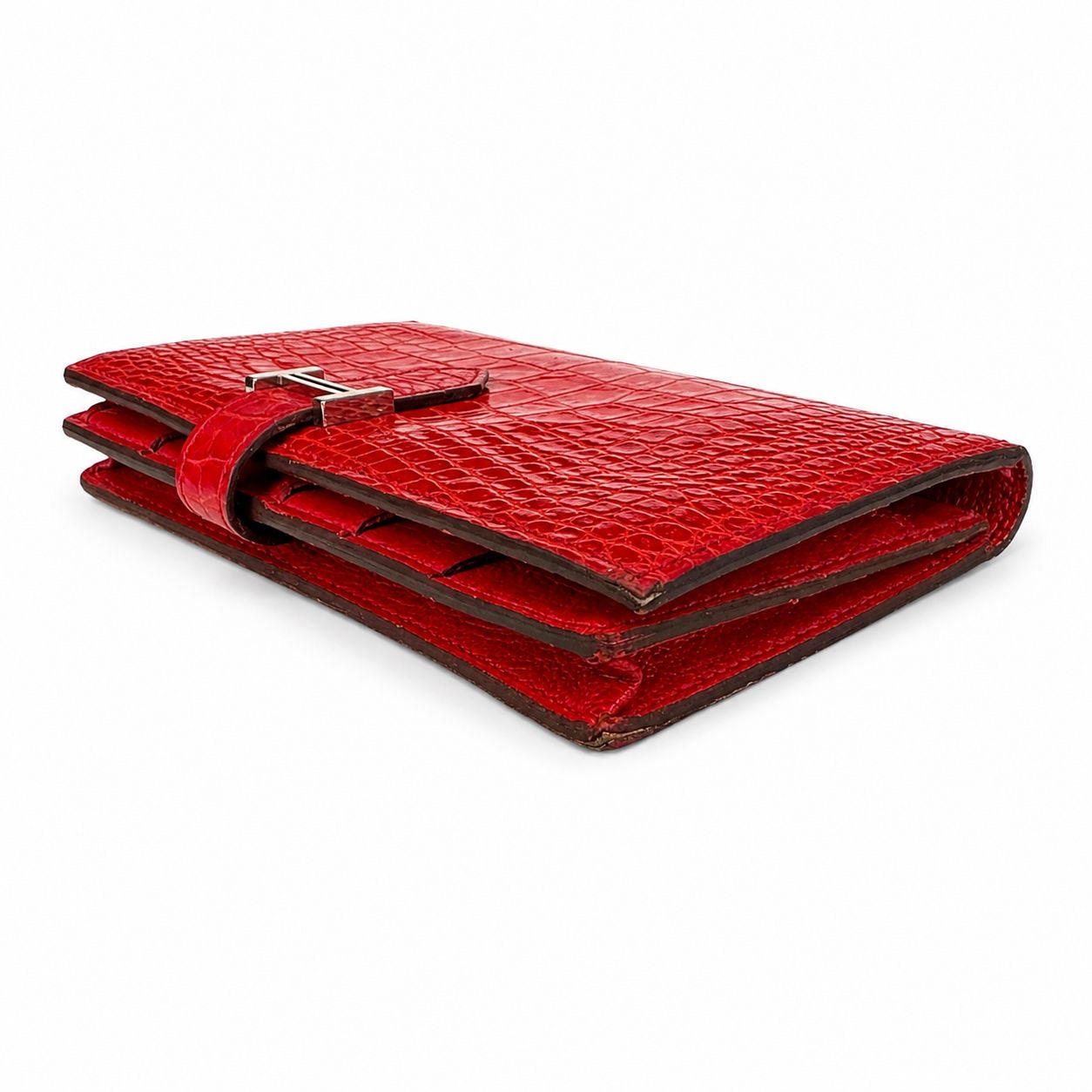 HERMÈS - WALLET BEARN RED ALLIGATOR LEATHER PALLADIUM HARDWARE