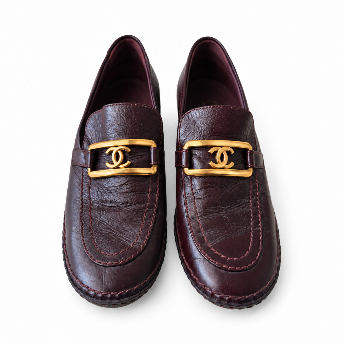 CHANEL - PUMPS BORDEAUX CALFSKIN LEATHER WITH GOLD TONE SIZE 37 EU