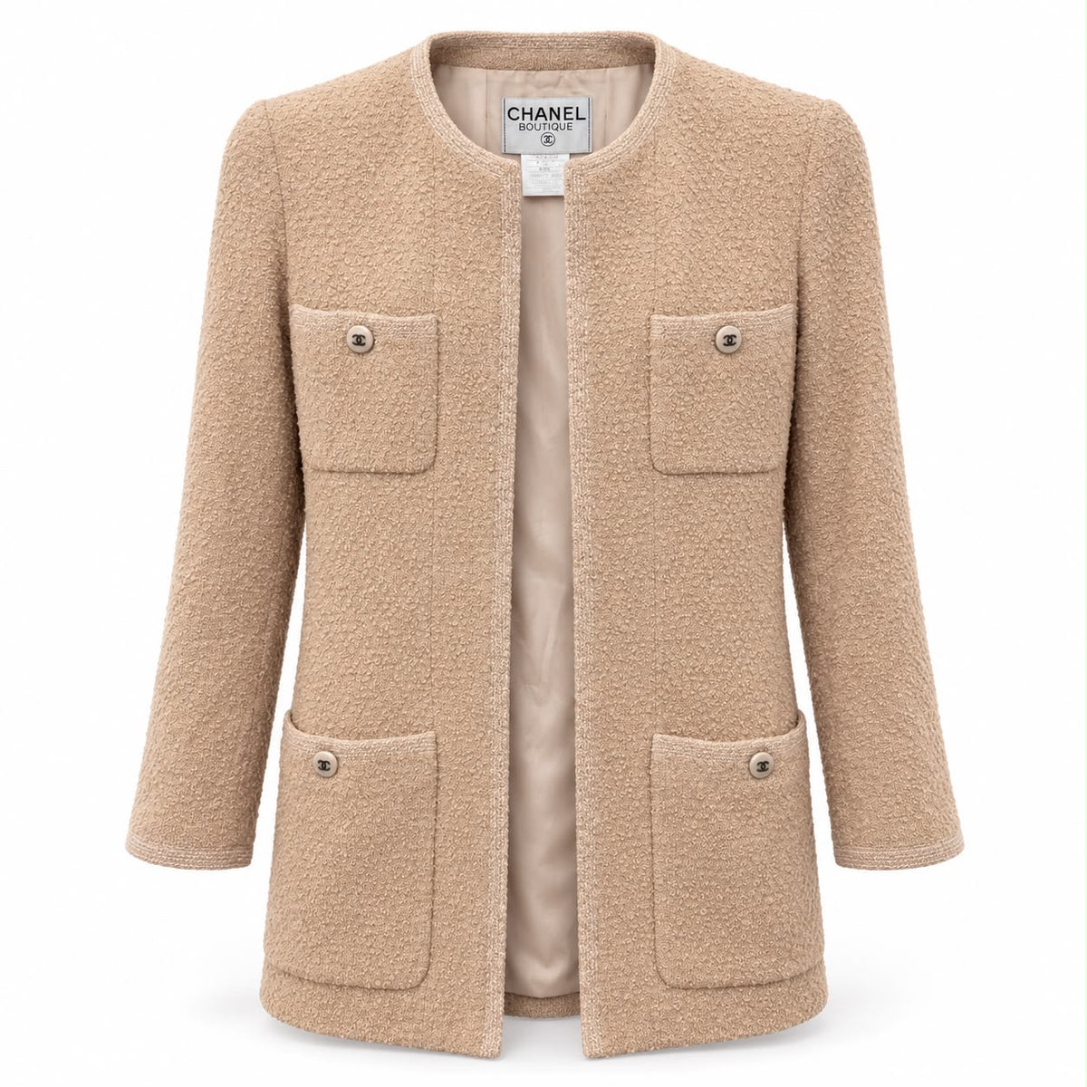 CHANEL – SKIRT SUIT IN BEIGE WOOL BOUCLÉ VINTAGE SPRING 1996 – FR 40 / IT 44
