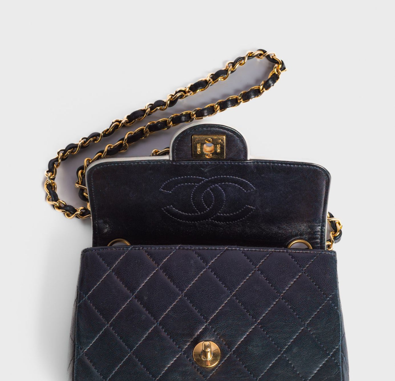 CHANEL - BAG MINI TIMELESS LEATHER NAVY BLUE WHITE TRIM