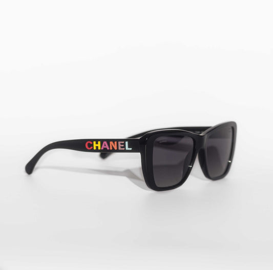 CHANEL - BUTTERFLY SUNGLASSES BLACK ACETATE WITH MULTICOLOURED CHANEL LETTERS