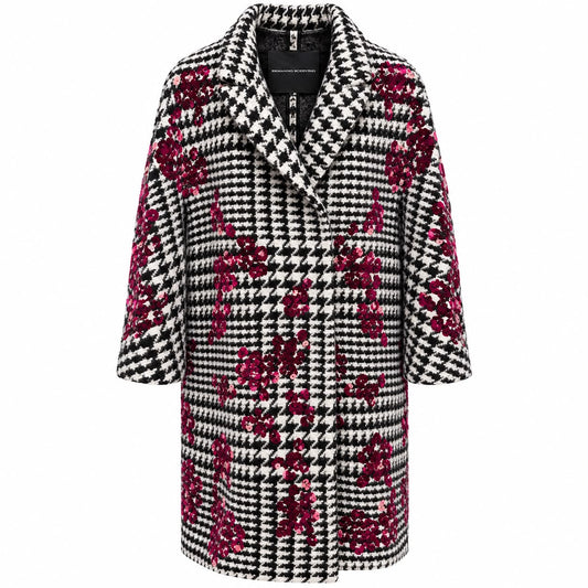 ERMANNO SCERVINO – BLACK & WHITE HOUNDSTOOTH WOOL COAT WITH BURGUNDY FLORAL SEQUIN EMBELLISHMENTS SIZE 40 IT
