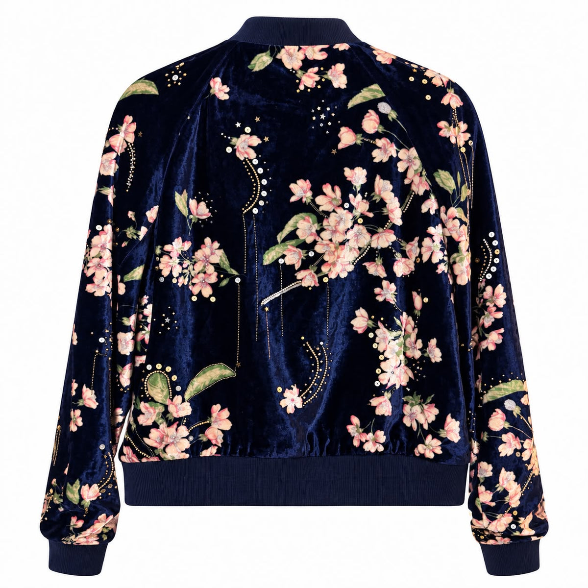MAGDA BUTRYM - BOMBER JACKET TOKYO DARK BLUE VELVET WITH PINK CHERRY BLOSSOM FLORAL PRINT SIZE 38 FR