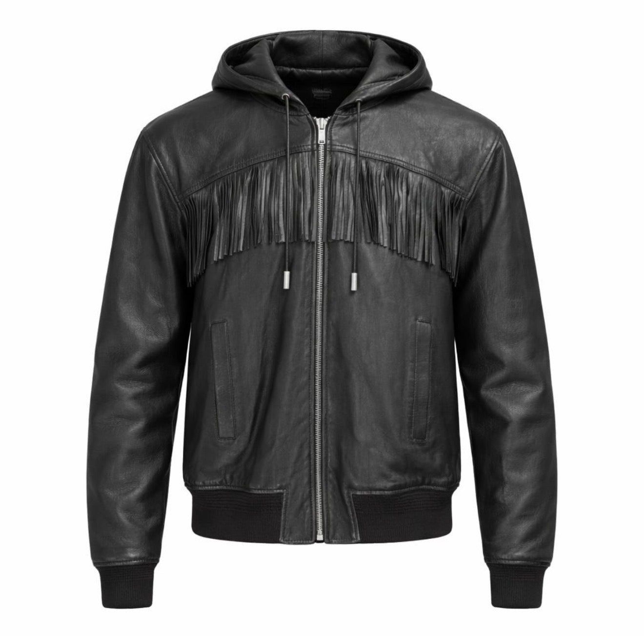 SAINT LAURENT - JACKET BLACK LAMBSKIN WITH HOOD AND FRINGE SIZE 42 FR