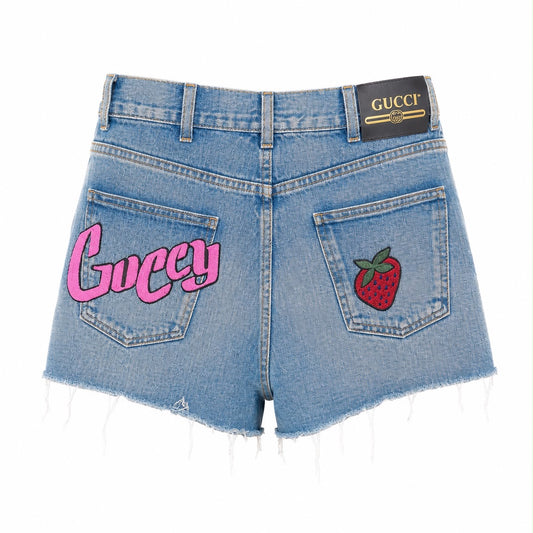 GUCCI - SHORT DENIM LIGHT BLUE LOGO AND STRAWBERRY EMBROIDERY SIZE 25