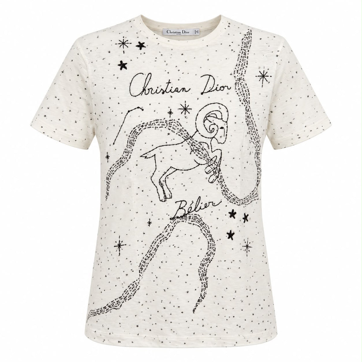 DIOR - T-SHIRT EMBROIDERED BÉLIER ZODIAC WHITE & BLACK SIZE S