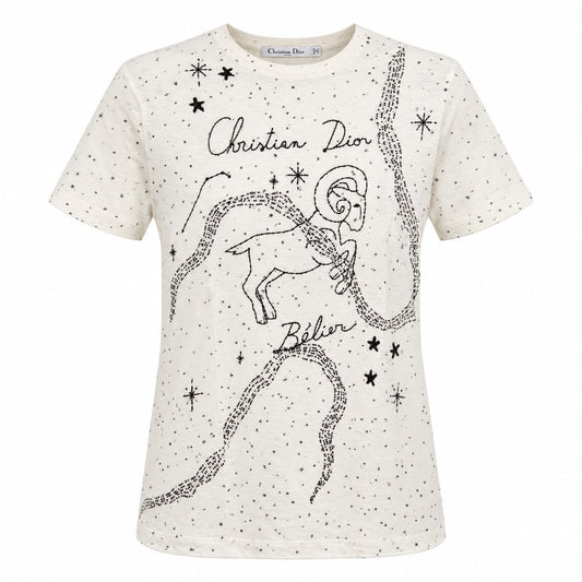 DIOR - T-SHIRT EMBROIDERED BÉLIER ZODIAC WHITE & BLACK SIZE S